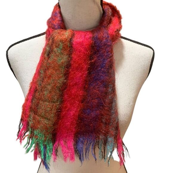 Vintage Wool Mohair/Wool Scarf, Scotland-Made Fringe Red Green Unisex 8”x44” - Picture 2 of 5